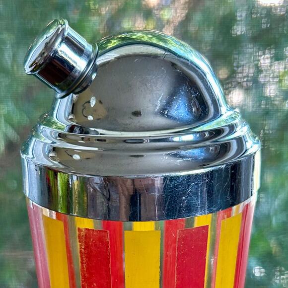 Mid-CenturyOrange and Green Striped Glass Cocktail Shaker w/ Chrome Top, 10” - Picture 9 of 16
